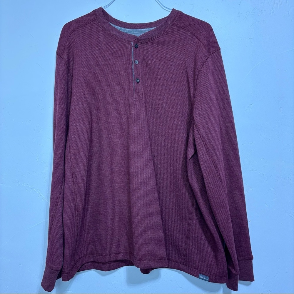 Eddie Bauer Men's 2XL Henley Long Sleeve Shirt Maroon Red Waffle Knit Thermal